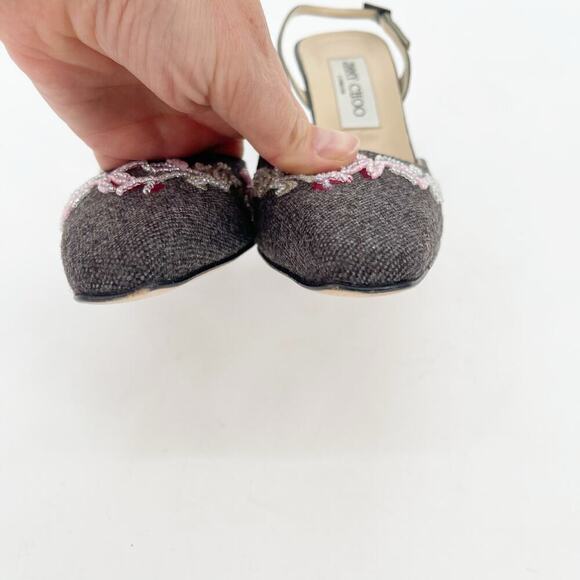 Vintage Jimmy Choo Gray Flannel Beaded Floral Embroidered Slingback Heel IT 38.5 - Picture 7 of 13